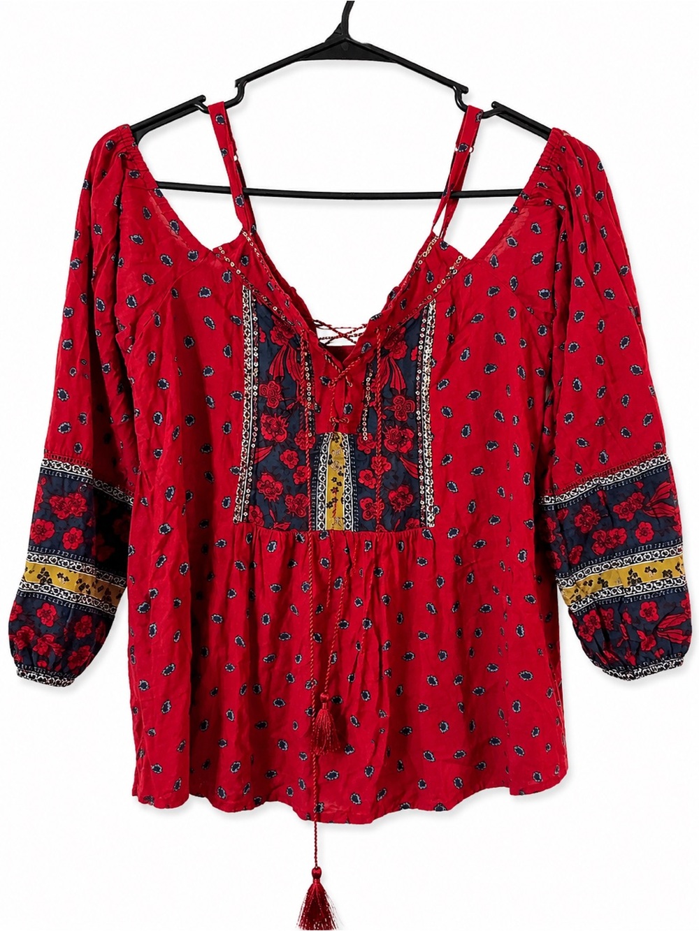 Abercrombie & Fitch Red Boho Lace-Up Peasant Tunic with Navy and Yellow Accents